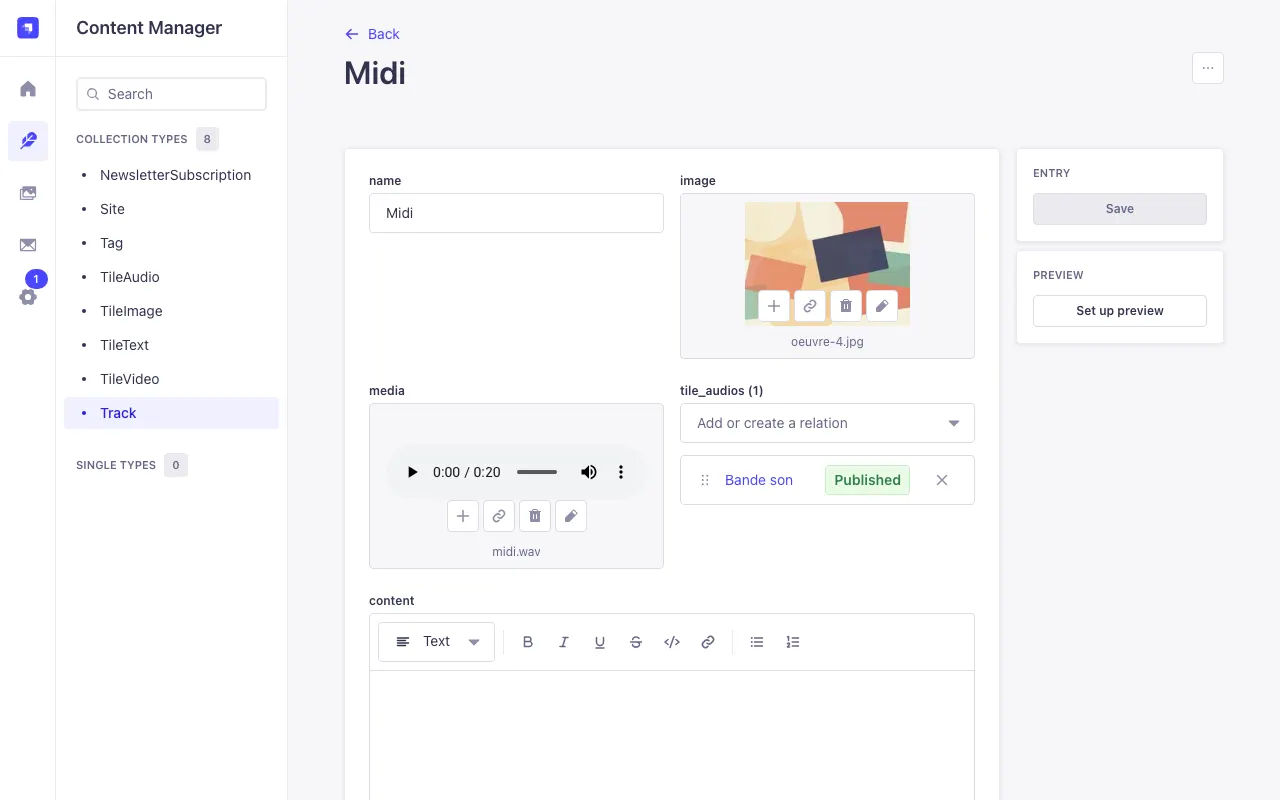 A track: name, audio file, image, text and download option