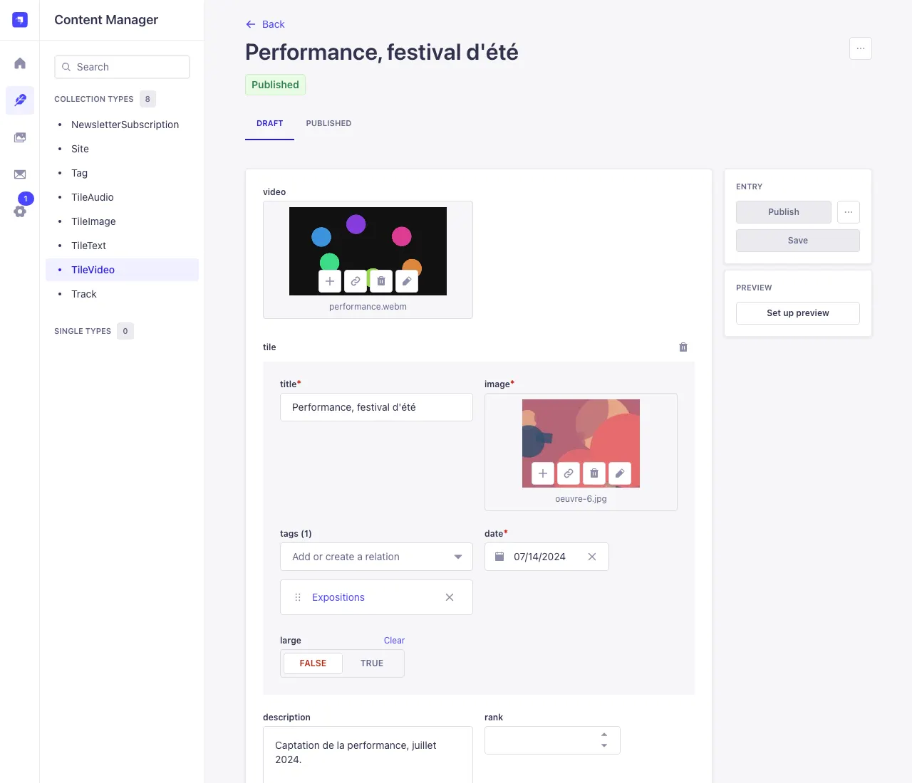 A filled-in video tile: video file, description and tile block
