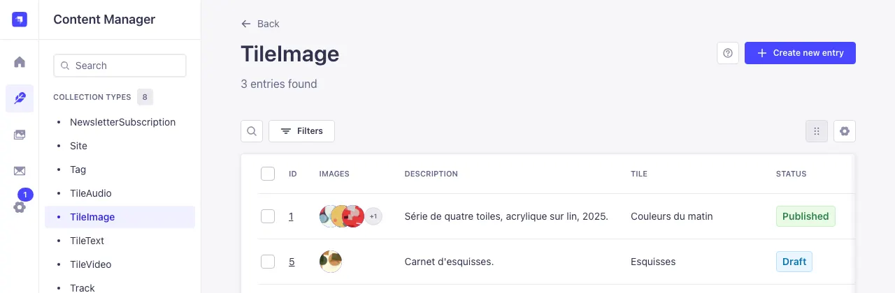The image tiles list with the status column: Published or Draft