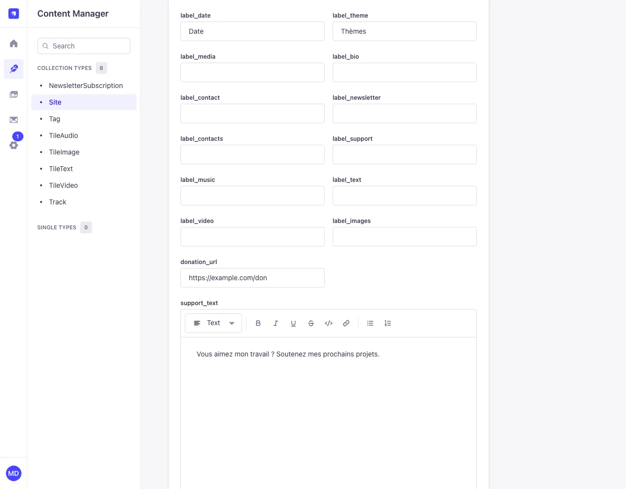 The label_ fields in the site's settings