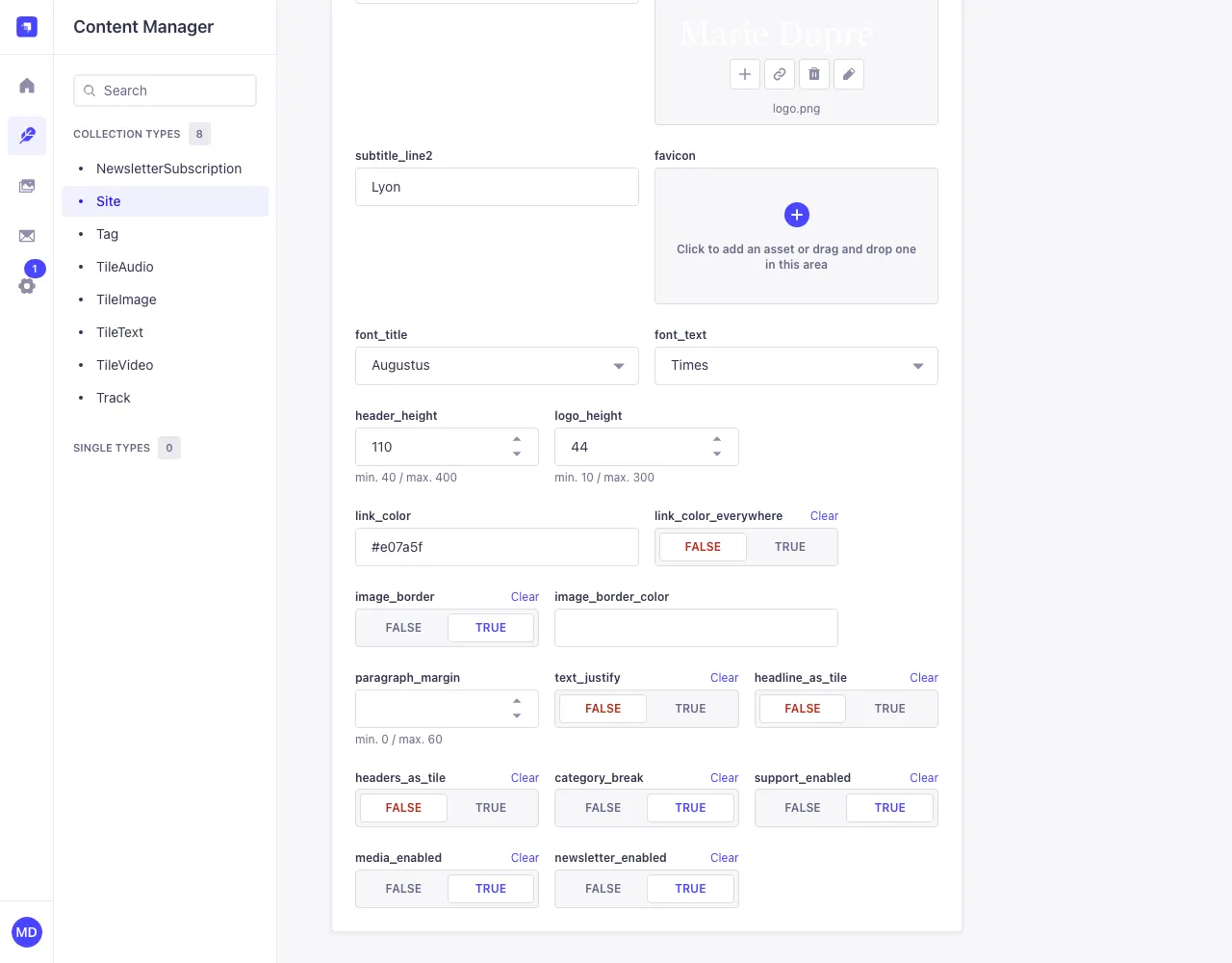 The fonts, heights, colours, frames and layout settings in the site's settings
