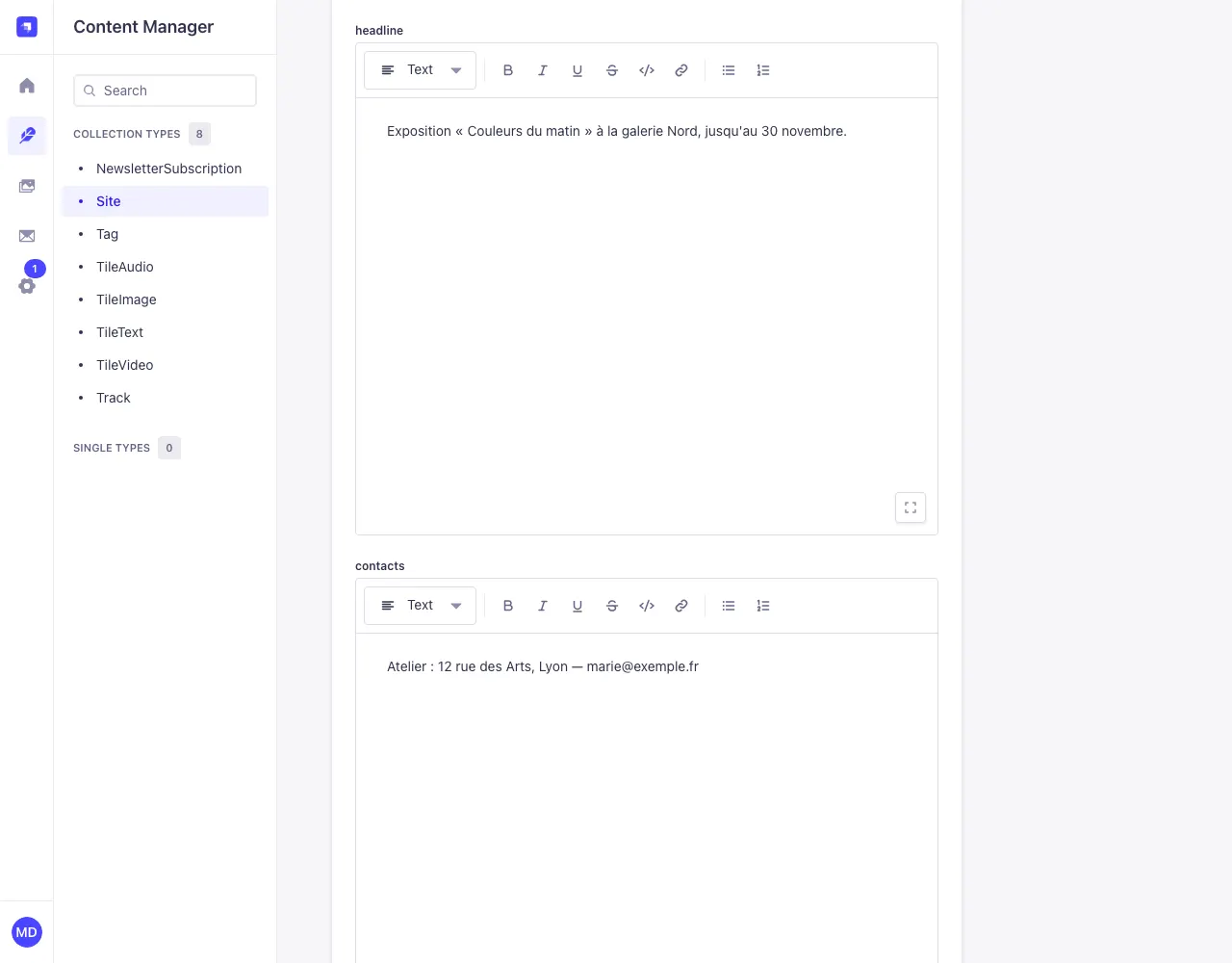 The headline and contacts fields in the site's settings