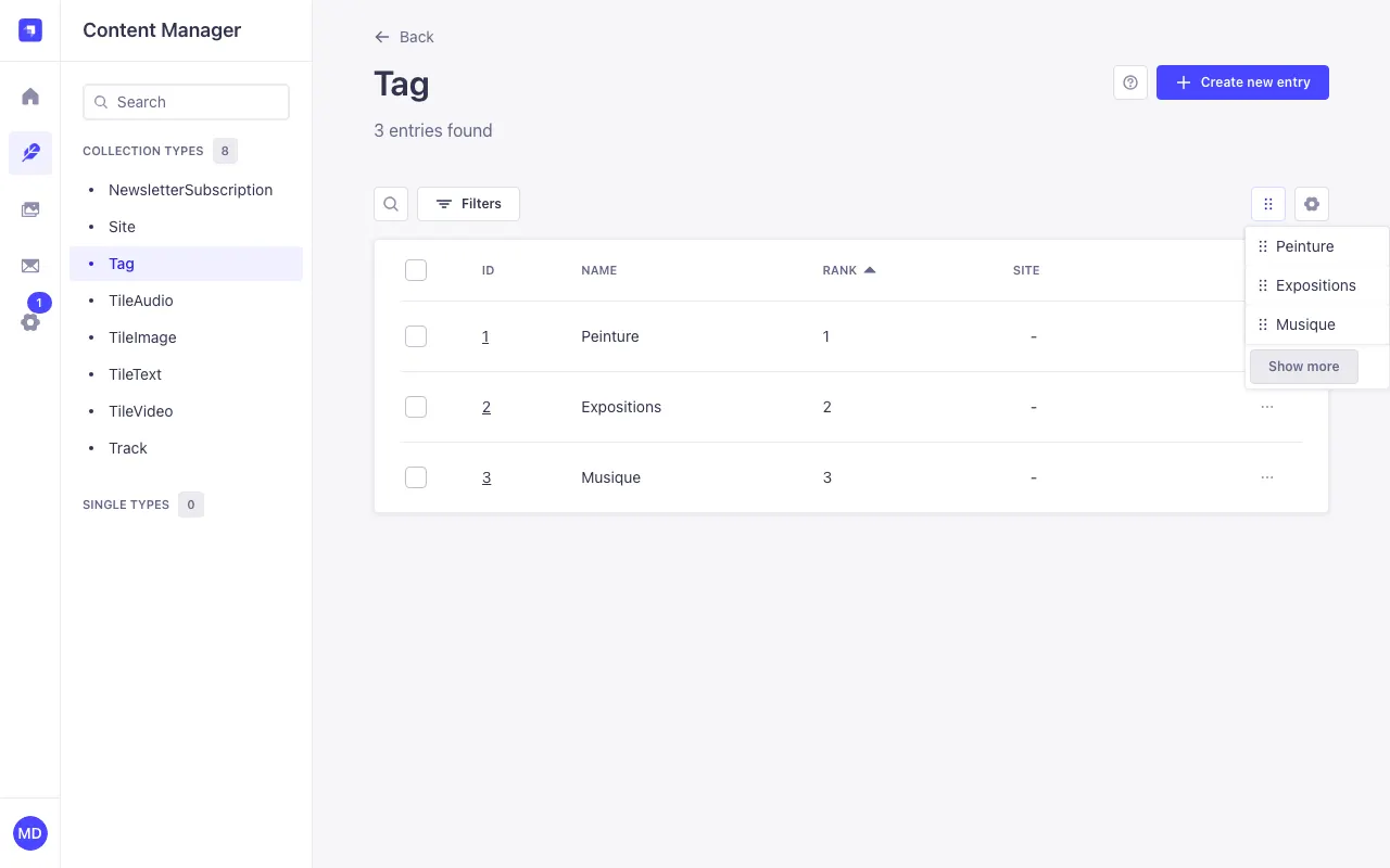 The themes list sorted by rank, with the drag-and-drop list open