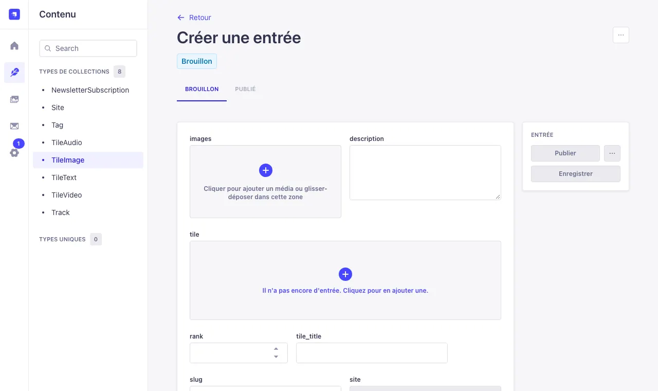 Le formulaire vide d'une nouvelle tuile d'images