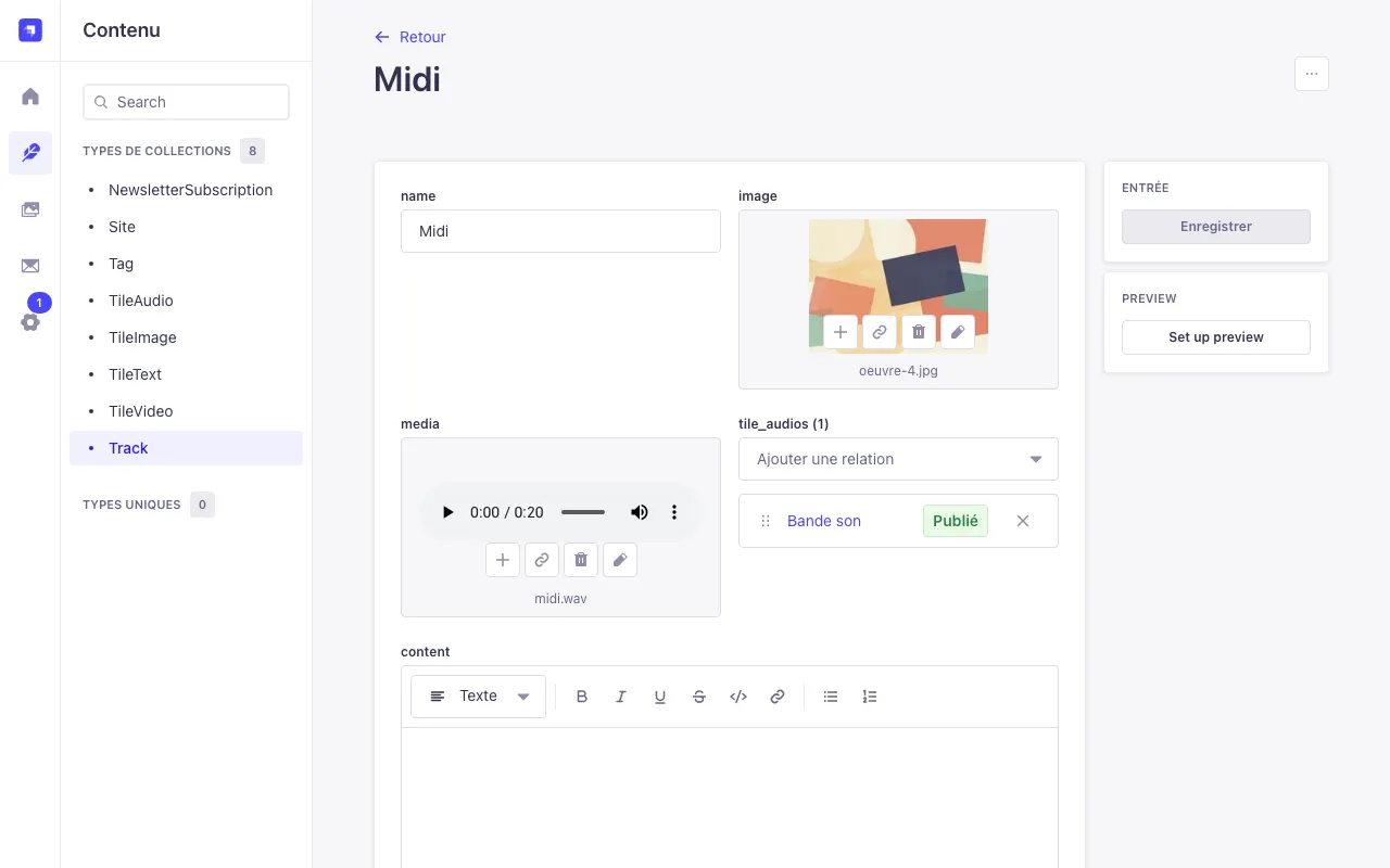 Un morceau : nom, fichier audio, image, texte et option de téléchargement