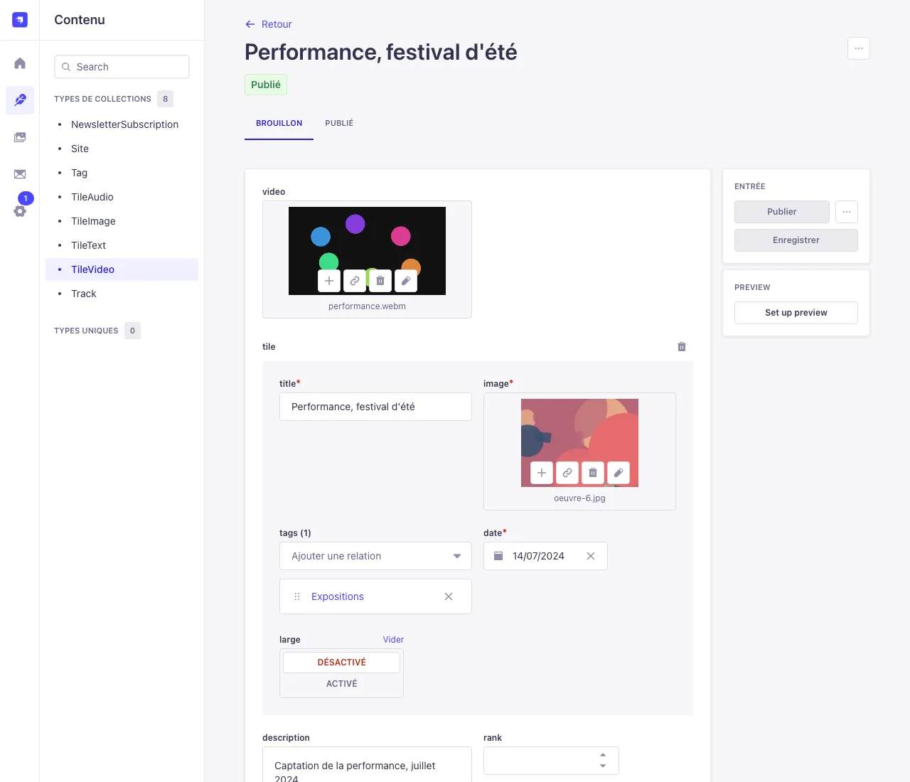 Une tuile vidéo remplie : fichier vidéo, description et bloc tile