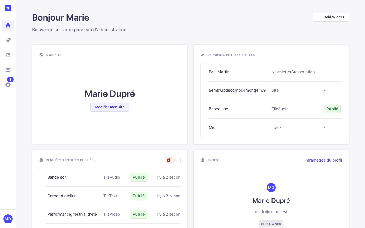 L'accueil de l'administration avec le bloc « Mon site » et le menu à gauche