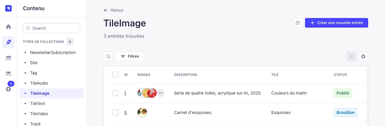 La liste des tuiles d'images avec la colonne d'état : Publié ou Brouillon
