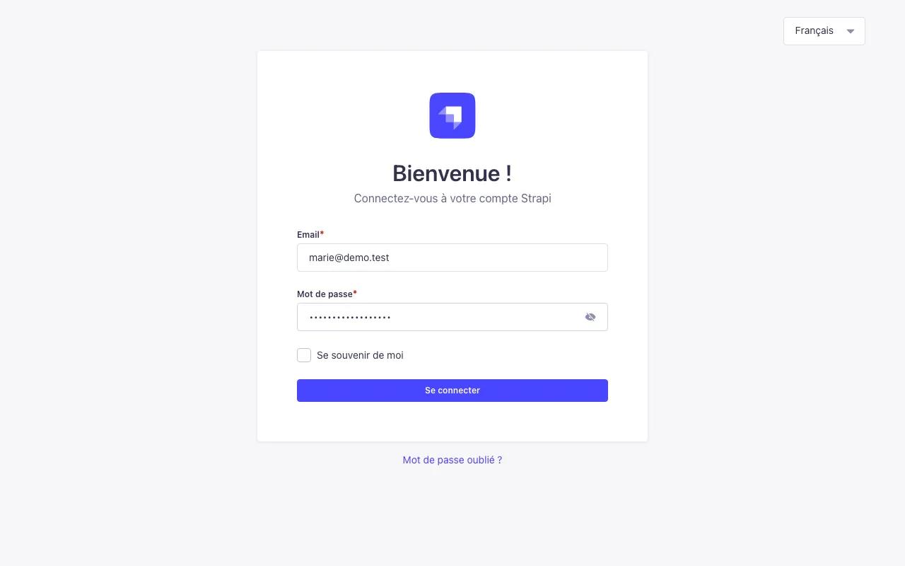 La page de connexion, avec les champs e-mail et mot de passe