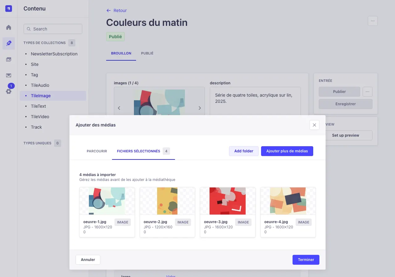 La fenêtre Ajouter des médias, onglet Fichiers sélectionnés, avec quatre images à réordonner