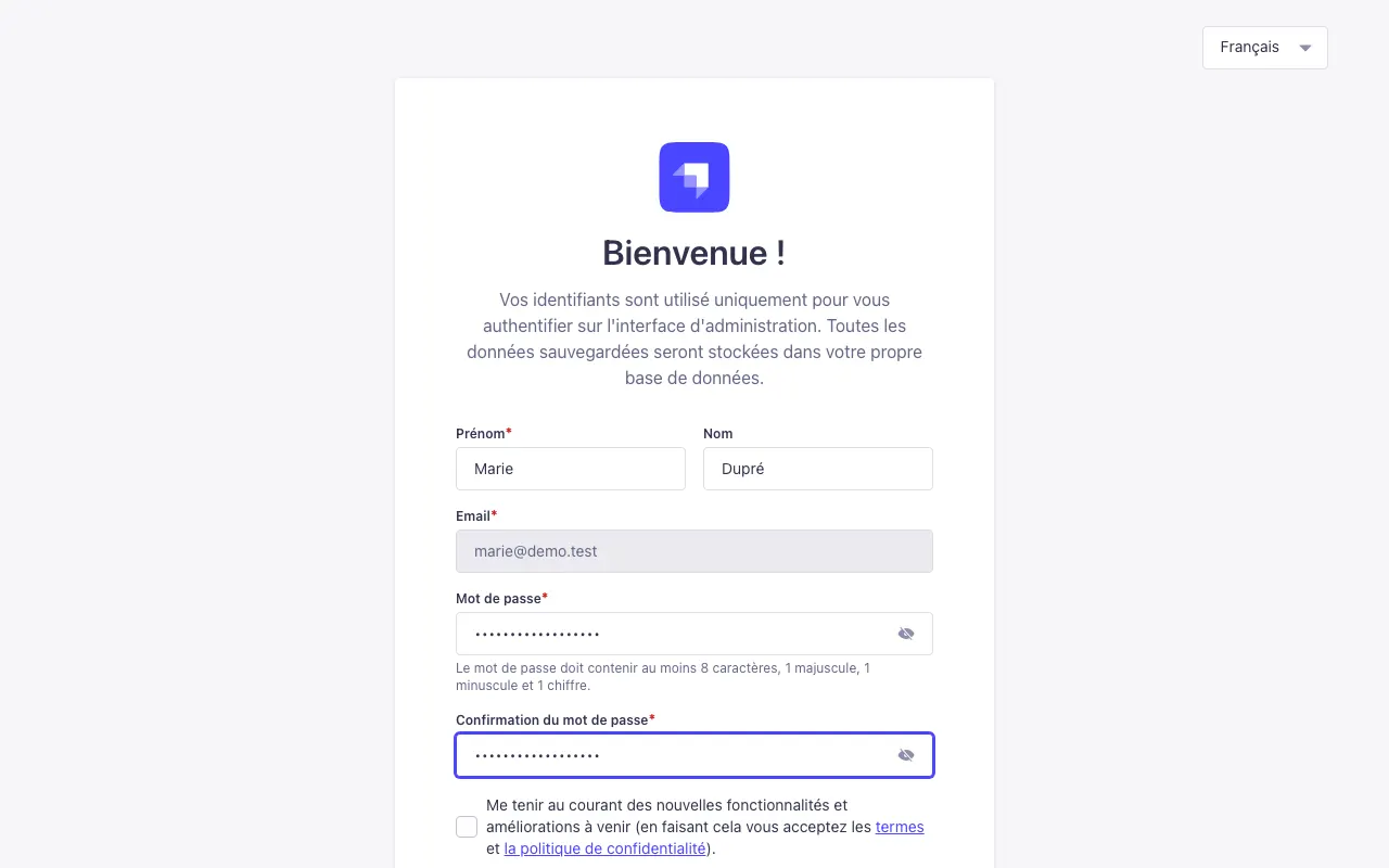 La page où l'on choisit son mot de passe, avec le prénom, le nom et l'e-mail déjà remplis