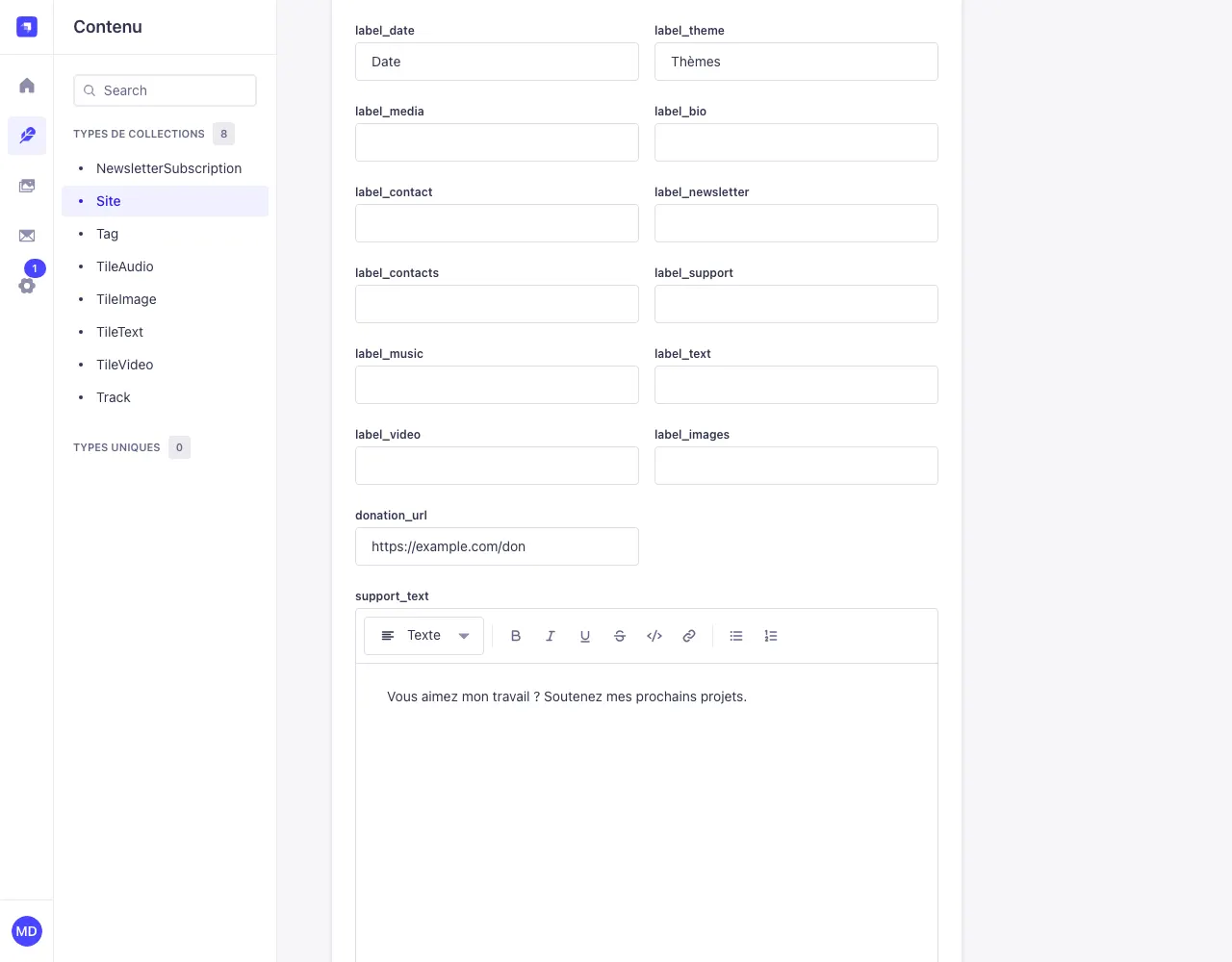 Les champs label_ dans la fiche du site