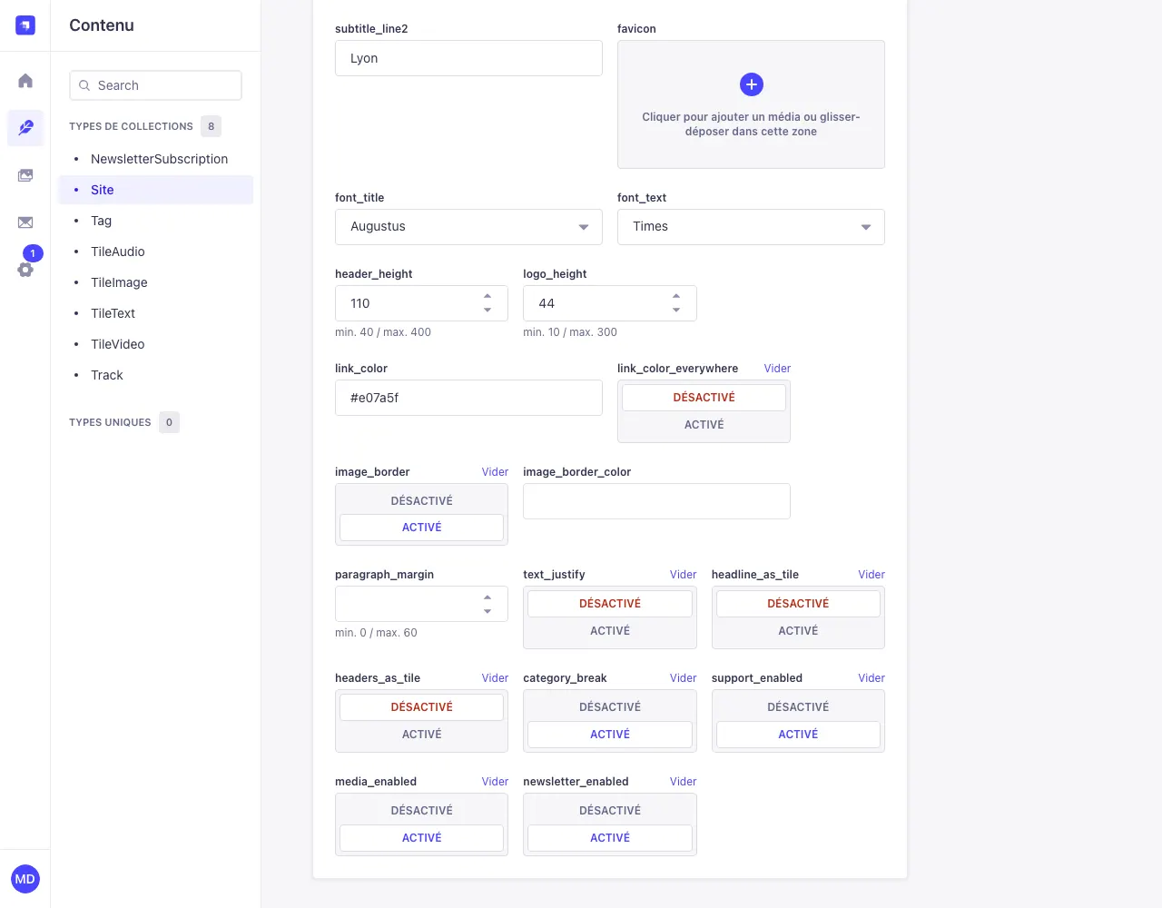 Les réglages de polices, hauteurs, couleurs, cadres et mise en page dans la fiche du site