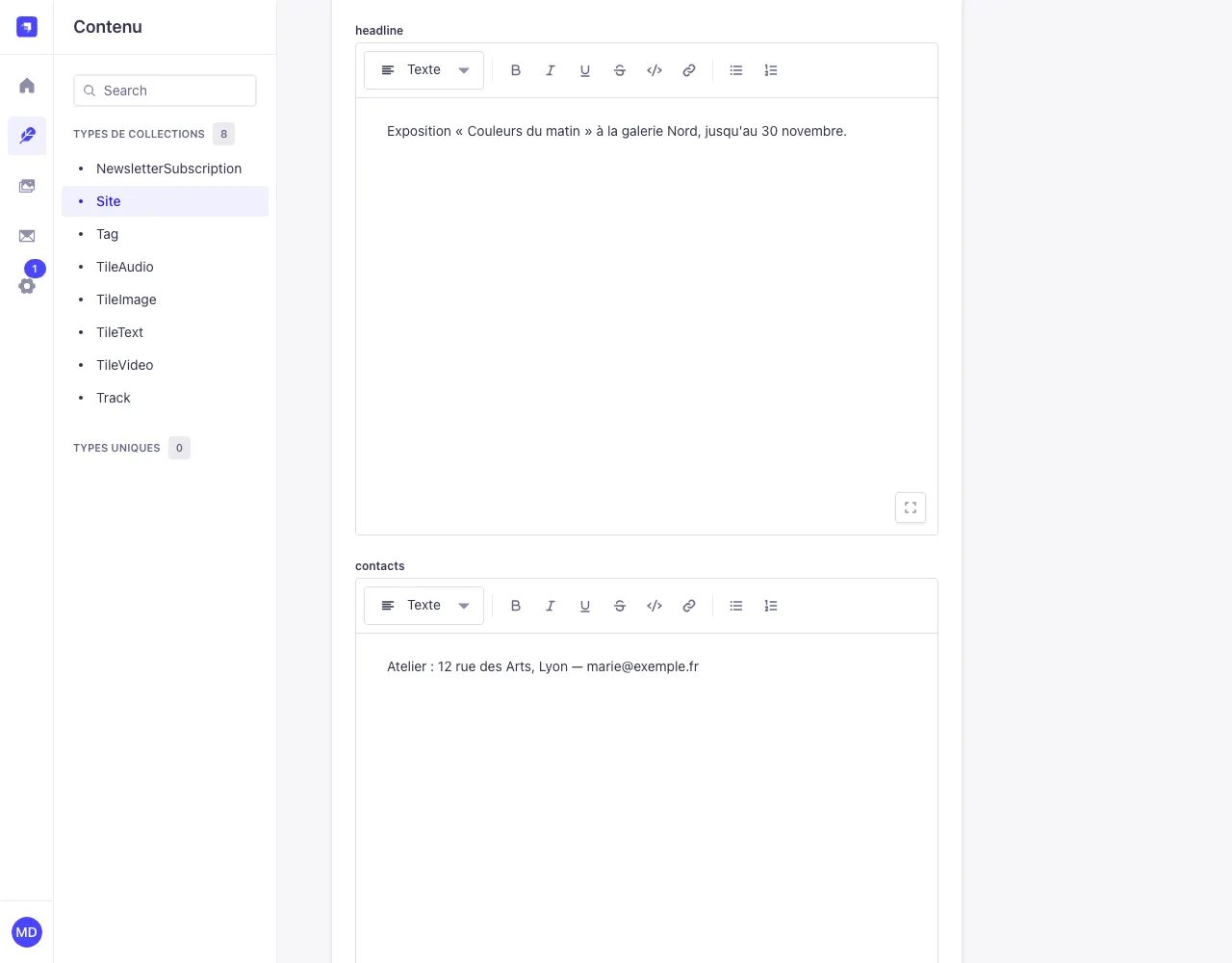 Les champs headline et contacts dans la fiche du site