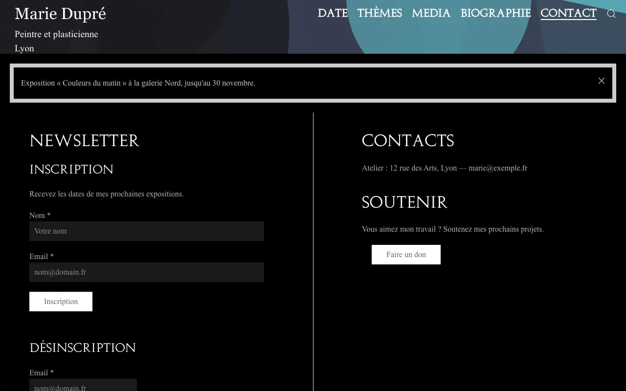 La page Contact avec le formulaire d'inscription à la newsletter